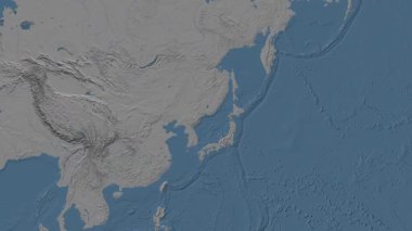 Patterson silindirik projeksiyonunda, dünyanın mavi ve gri yükseklik haritasının arka planında Japon Deniz Bölgesi