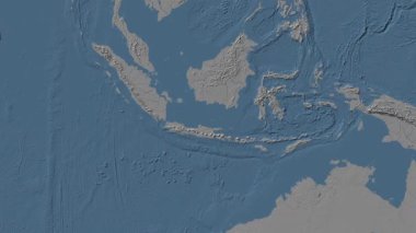 Patterson silindirik projeksiyonunda dünyanın mavi ve gri yükseklik haritasının arka planında Java Denizi bölgesi