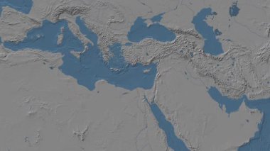 Patterson silindirik projeksiyonunda dünyanın mavi ve gri renkli yükseklik haritasının arka planında Levantine Denizi bölgesi