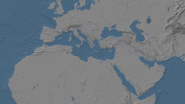 Akdeniz - Patterson silindirik projeksiyonunda dünyanın mavi ve gri yükseklik haritasının arka planında alt havzaları kapsayan Doğu Havzası