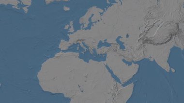 Akdeniz - Patterson silindirik projeksiyonunda dünyanın mavi ve gri yükseklik haritasının arka planında Doğu Havzası bölgesi