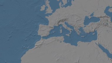 Akdeniz - Patterson silindirik projeksiyonunda dünyanın mavi ve gri yükseklik haritasının arka planında alt havzaları kapsayan Batı Havzası