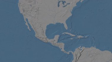 Meksika Körfezi bölgesinin arka planında Patterson silindirik projeksiyonunda mavi ve gri renkli bir dünya haritası var.