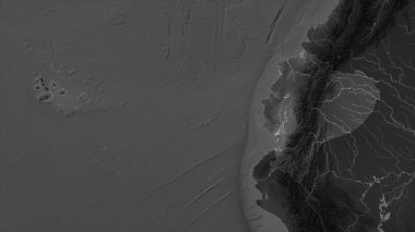 Galapagos Adaları 'na sahip Ekvador, gölleri ve nehirleri olan bir Gri Tonlama yükseklik haritasına vurgulandı
