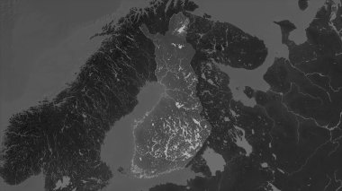 Finlandiya, gölleri ve nehirleri olan gri ölçekli yükselti haritasına vurgulanmıştır