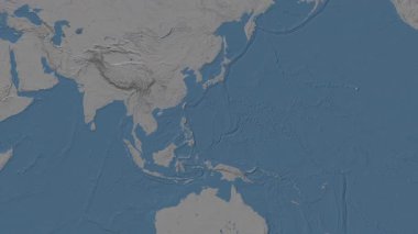 Filipin Denizi Bölgesi Patterson silindirik projeksiyonunda mavi ve gri renkli bir dünya yükseklik haritasının arka planında