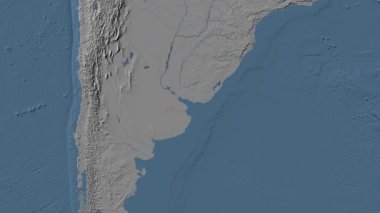 Rio de La Plata bölgesi Patterson silindirik projeksiyonunda mavi ve gri renkli bir dünya yükseklik haritasının arka planında