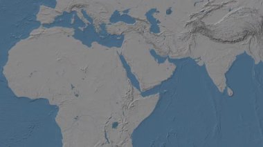 Patterson silindirik projeksiyonunda dünyanın mavi ve gri yükseklik haritasının arka planında Kızıl Deniz bölgesi