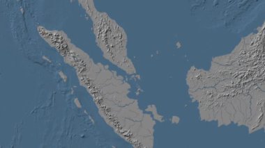 Singapur Boğazı bölgesi Patterson silindirik projeksiyonunda mavi ve gri renkli bir dünya yükseklik haritasının arka planında