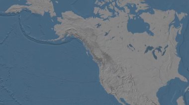 Güneydoğu Alaska 'nın sahil suları ve Britanya Kolombiya bölgesi Patterson silindirik silindirik projeksiyonunda mavi ve gri renkli bir yükselti haritasının arka planında yer alıyor.