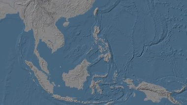 Patterson silindirik projeksiyonunda dünyanın mavi ve gri yükseklik haritasının arka planında Sulu Denizi bölgesi