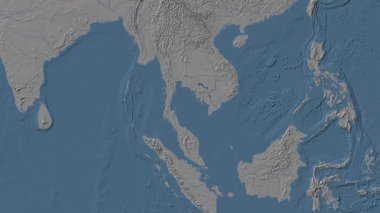 Patterson silindirik projeksiyonunda dünyanın mavi ve gri yükseklik haritasının arka planında Tayland Körfezi bölgesi var.