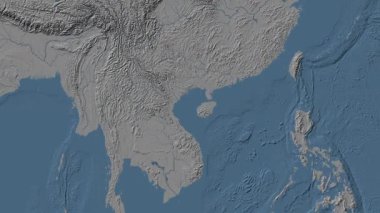 Tonkin Körfezi Bölgesi Patterson silindirik projeksiyonunda mavi ve gri renkli bir dünya yükseklik haritasının arka planında