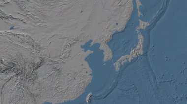 Patterson silindirik projeksiyonunda dünyanın mavi ve gri yükseklik haritasının arka planında Sarı Deniz Bölgesi