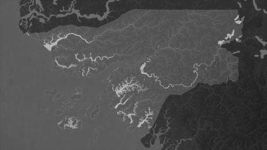 Gine-Bissau gölleri ve nehirleri olan bir Gri Tonlama yükseklik haritasında vurgulandı