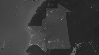 Moritanya, gölleri ve nehirleri olan bir Gri Tonlama yükseklik haritasında vurgulandı