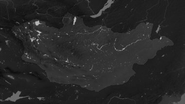 Moğolistan, gölleri ve nehirleri olan bir Gri Tonlama yükseklik haritasında vurgulandı