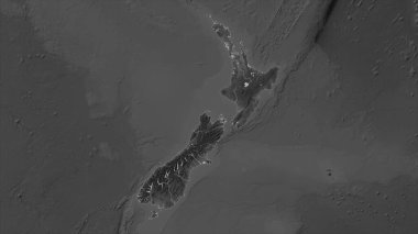 Gölleri ve nehirleri olan bir Gri Tonlama yükseklik haritasında Yeni Zelanda vurgulandı