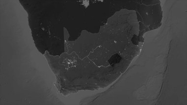 Güney Afrika, gölleri ve nehirleri olan bir Gri Tonlama yükseklik haritasında vurgulandı