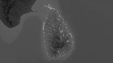 Sri Lanka, gölleri ve nehirleri olan bir Gri Tonlama yükseklik haritasına vurgulandı