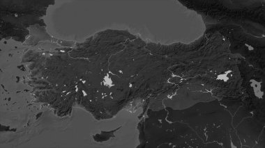 Gölleri ve nehirleri olan bir Gri Tonlama yükseklik haritasında Türkiye vurgulandı