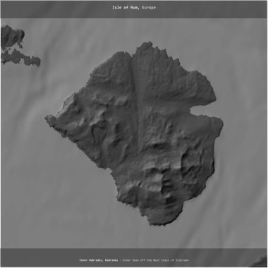 İskoçya 'nın batı kıyısındaki İç Denizler' deki Rom Adası, Birleşik Krallık 'a ait, bir bilek yüksekliği haritasında kare şeklinde kesilmiş.