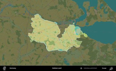 Anklam Diyarı. Almanya 'nın idari alanı koyu renkli bir Topografik İnsani Yardım Stili haritasına vurgulandı ve özetlendi