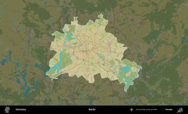 Berlin. Almanya 'nın idari alanı koyu renkli bir Topografik İnsani Yardım Stili haritasına vurgulandı ve özetlendi