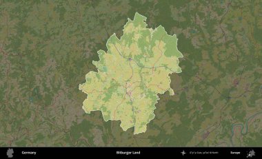 Bitburger Diyarı. Almanya 'nın idari alanı koyu renkli bir Topografik İnsani Yardım Stili haritasına vurgulandı ve özetlendi