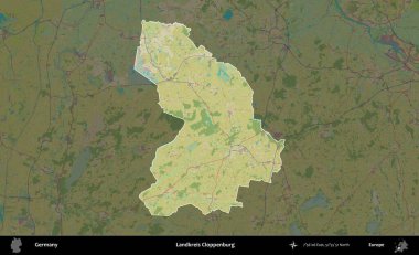 Landkreis Cloppenburg. Almanya 'nın idari alanı koyu renkli bir Topografik İnsani Yardım Stili haritasına vurgulandı ve özetlendi