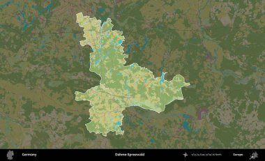 Dahme-Spreewald. Almanya 'nın idari alanı koyu renkli bir Topografik İnsani Yardım Stili haritasına vurgulandı ve özetlendi