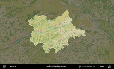 Landkreis Dingolfing-Landau. Almanya 'nın idari alanı koyu renkli bir Topografik İnsani Yardım Stili haritasına vurgulandı ve özetlendi