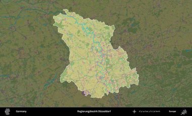 Regierungsbezirk Düsseldorf. Almanya 'nın idari alanı koyu renkli bir Topografik İnsani Yardım Stili haritasına vurgulandı ve özetlendi