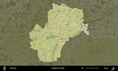 Landkreis Freising. Almanya 'nın idari alanı koyu renkli bir Topografik İnsani Yardım Stili haritasına vurgulandı ve özetlendi