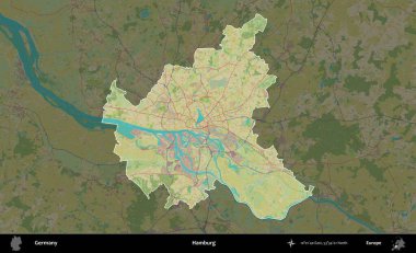 Hamburg. Almanya 'nın idari alanı koyu renkli bir Topografik İnsani Yardım Stili haritasına vurgulandı ve özetlendi