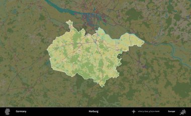 Harburg. Almanya 'nın idari alanı koyu renkli bir Topografik İnsani Yardım Stili haritasına vurgulandı ve özetlendi