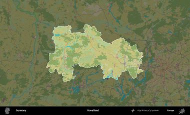 Havelland. Almanya 'nın idari alanı koyu renkli bir Topografik İnsani Yardım Stili haritasına vurgulandı ve özetlendi