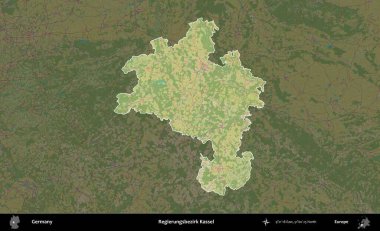Regierungsbezirk Kassel. Almanya 'nın idari alanı koyu renkli bir Topografik İnsani Yardım Stili haritasına vurgulandı ve özetlendi