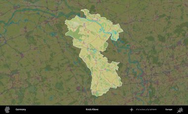Kreis Kleve. Almanya 'nın idari alanı koyu renkli bir Topografik İnsani Yardım Stili haritasına vurgulandı ve özetlendi