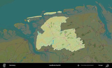 Landkreis Aurich. Almanya 'nın idari alanı koyu renkli bir Topografik İnsani Yardım Stili haritasına vurgulandı ve özetlendi