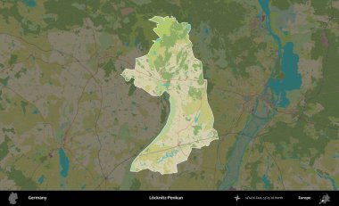 Locknitz-Penkun. Almanya 'nın idari alanı koyu renkli bir Topografik İnsani Yardım Stili haritasına vurgulandı ve özetlendi