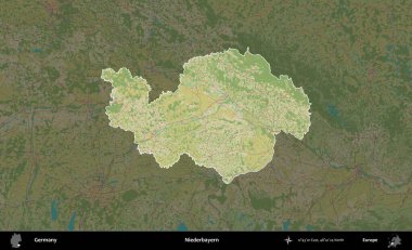 Niederbayern. Almanya 'nın idari alanı koyu renkli bir Topografik İnsani Yardım Stili haritasına vurgulandı ve özetlendi