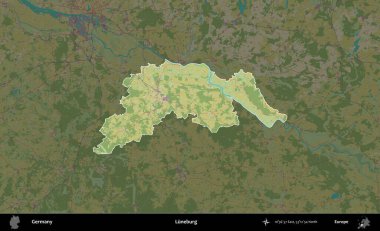Luneburg 'da. Almanya 'nın idari alanı koyu renkli bir Topografik İnsani Yardım Stili haritasına vurgulandı ve özetlendi