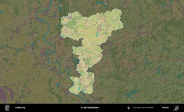 Kreis Mettmann. Almanya 'nın idari alanı koyu renkli bir Topografik İnsani Yardım Stili haritasına vurgulandı ve özetlendi