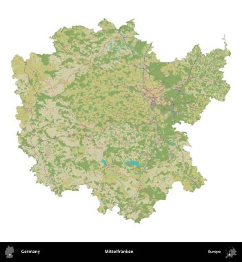 Mittelfranken. Almanya 'nın idari bölgesi Topografik İnsani Stil Haritasında beyaza izole edildi