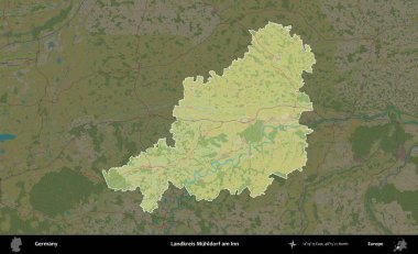 Landkreis Muhldorf am Inn. Almanya 'nın idari alanı koyu renkli bir Topografik İnsani Yardım Stili haritasına vurgulandı ve özetlendi