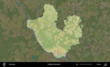 Landkreis Neuwied. Almanya 'nın idari alanı koyu renkli bir Topografik İnsani Yardım Stili haritasına vurgulandı ve özetlendi