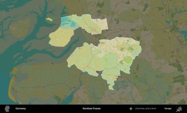 Nordsee-Treene. Almanya 'nın idari alanı koyu renkli bir Topografik İnsani Yardım Stili haritasına vurgulandı ve özetlendi