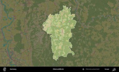 Odenwaldkreis. Almanya 'nın idari alanı koyu renkli bir Topografik İnsani Yardım Stili haritasına vurgulandı ve özetlendi
