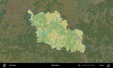 Oder-Spree. Almanya 'nın idari alanı koyu renkli bir Topografik İnsani Yardım Stili haritasına vurgulandı ve özetlendi